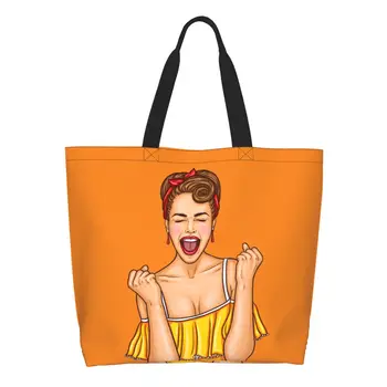 Модная Поп-арт Сексуальная взволнованная Женщина, сумка-тоут для покупок, мультяшная элегантная девушка-леди, холщовая сумка для покупок из бакалеи на плечо