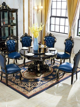 Европейский обеденный стол, сочетание обеденного стола и стула из мрамора черного сандалового дерева, на 6 персон, на 8 персон, роскошный круглый светильник