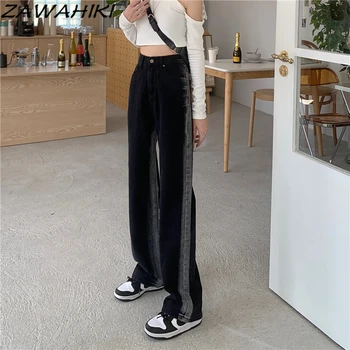 ZAWAHIKI, черные прямые осенние Новые Винтажные свободные женские джинсы контрастного цвета с высокой талией и широкими штанинами, эстетичные брюки Y2K